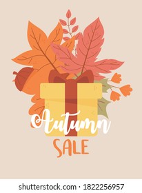 autumn sale, wrapped gift maple leaves acorn promotion season discounts vector illustration