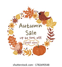 Autumn Sale. A wreath of autumn leaves on a white background. Vector graphics.