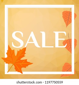 Autumn sale with yellow leaves on colored abstract spots