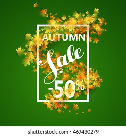 Autumn Sale with yellow maple leaves on green background. Vector illustration