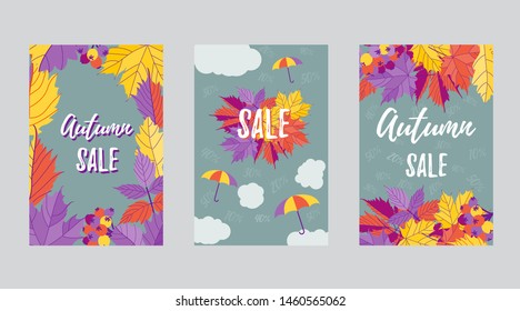 Autumn sale yellow and purple posters with leaves and umbrellas on grey background. Vector fall illustration 