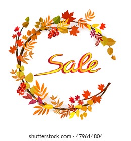 Autumn sales background with the wreath of leaves isolated on white.