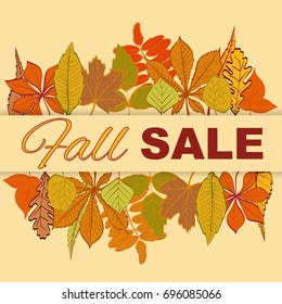 Autumn sales banner with bright fall leaves. Vector illustration