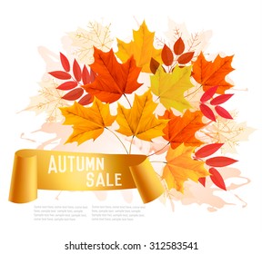Autumn Sales Banner With Colorful Leaves. Vector.