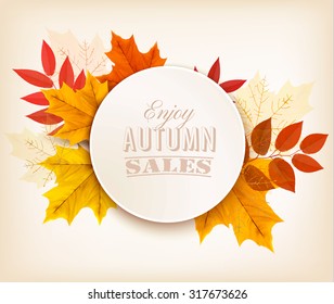 Autumn Sales Banner With Colorful Leaves. Vector.