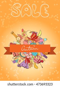 Autumn sales banner with colorful leaves can be used for holiday cards, invitation, postcard or website. Fashion shop flyer. Fall discount banner