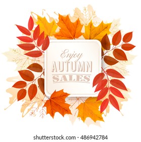 Autumn Sales Banner With Colorful Leaves. Vector.