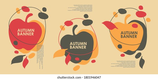 Autumn sales banner design with apple shape and falling leaves. Abstract vector background pattern.