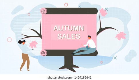 Autumn sales. Banner with text frame. Maple leaf. Modern simple poster. Tree. Vector illustration. Flat style. Pink and blue colors. Autumn tree with board for information.