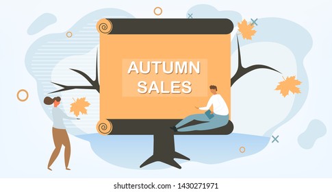 Autumn sales. Banner with text frame. Maple leaf. Modern simple poster. Tree. Vector illustration. Flat style. Orange and blue colors. Autumn tree with board for information.