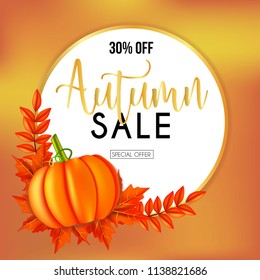 autumn sales banners with pumpkin and round frame leaves