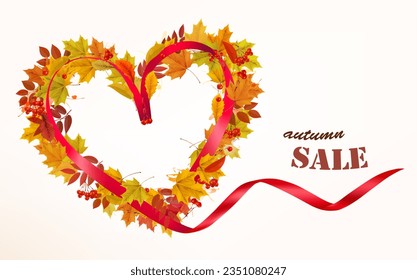 Autumn Sales Card With Colorful Leaves and Red Ribbon. Vector.