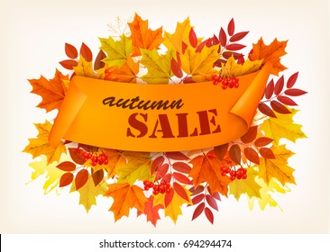 Autumn Sales Card With Colorful Leaves. Vector.