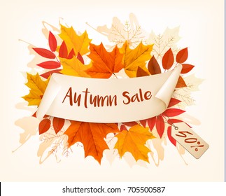 Autumn Sales Card With Colorful Leaves. Vector.
