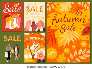 Autumn sales, promotion banner design set vector illustration. Cartoon flyers collection with shopping bag of gifts, hands clap Sale text, people walk to store, dry fall leaves and discount label