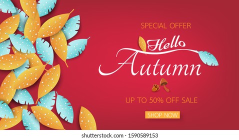 Autumn sales red background with colorful leaves. Vector illustration