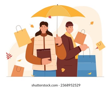 Autumn sales in shop vector illustration. Cartoon happy customers in warm clothes showing thumbs up, holding shopping bags for buying gifts with discounts for holidays, people on fashion store sales