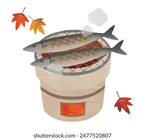 Autumn saury and earthen charcoal brazier for cooking watercolor