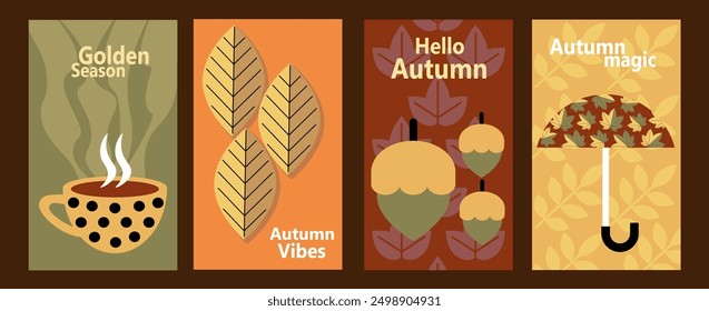 Autumn. Scandinavian style geometric mosaic. Hello, autumn. Background for sale banner, poster, flyer, cover, postcard. Set of vector illustrations.Bauhaus pattern abstract geometric.