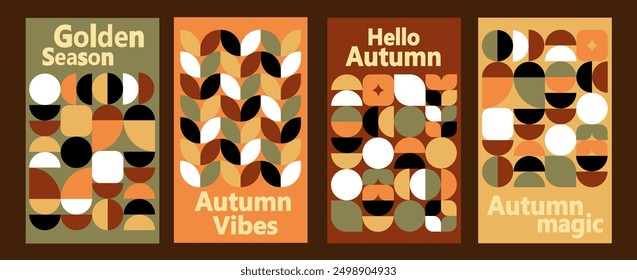 Autumn. Scandinavian style geometric mosaic. Hello, autumn. Background for sale banner, poster, flyer, cover, postcard. Set of vector illustrations.Bauhaus pattern abstract geometric.