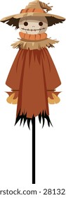 Autumn scarecrow straw hat orange scarf rag doll field guard rustic figure brown cloak cartoon character isolated figure Halloween decor