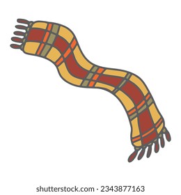 Autumn scarf vector illustration. Hand drawn doodle plaid checkered long scarf isolated on white background. Warm fall clothes with fringe. Retro 70s nostalgia vibes graphic