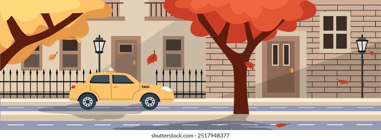 Autumn scene. Autumnal house. Autumn street. Cozy autumn house. Front door fall house. Home in fall. Fall season. Autumn vibes. Harvest time. Autumnal equinox. Taxi in front of home. Fall trees.