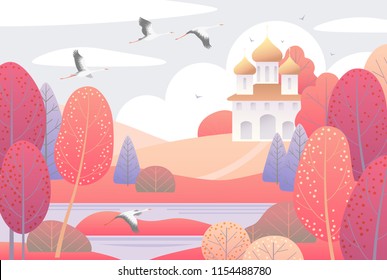 Autumn scene with church, clouds, red trees and flying storks.  Nature background with colorful landscape. Vector flat naive illustration. 