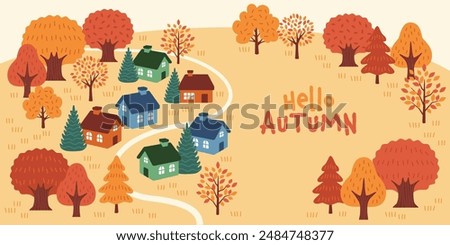 Autumn Scene: Cute Houses and Fall Foliage Background