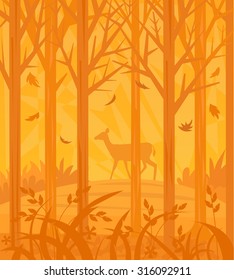 Autumn Scene - Decorative orange colored forest silhouette with a dear in the background. Eps10