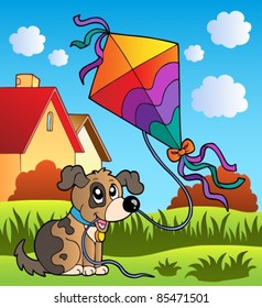 Autumn scene with dog and kite - vector illustration.