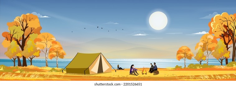 Autumn Scene With Family Enjoying Vacation Camping At Countryside  By The River,People Sitting Near The Tent And Campfire Having Fun Talking Together,Vector Rural Landscape In Fall Forest With Sunset