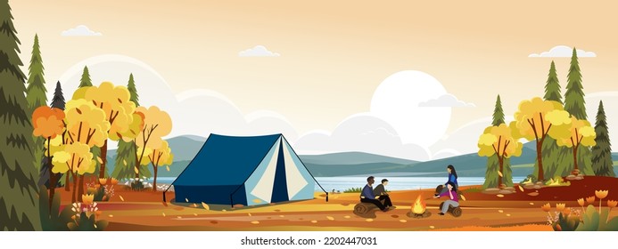 Autumn scene with Family enjoying vacation camping at countryside  by the river,People sitting near the tent and campfire having fun talking together,Vector Rural landscape in fall forest with sunset