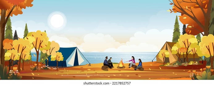 Autumn Scene With Family Enjoying Vacation Camping At Countryside  By The River,People Sitting Near The Tent And Campfire Having Fun Talking Together,Vector Rural Landscape In Fall Forest In Morning