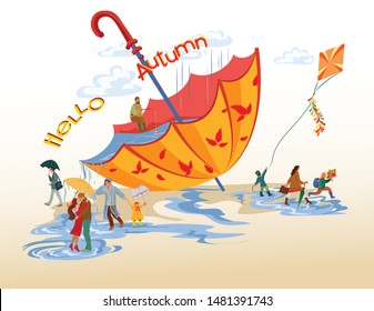 Autumn scene, a group of happy people, go about their business against the backdrop of a huge umbrella,
 fish, fly a kite, kiss and hug lovers.
Text: Hello Autumn. Vector