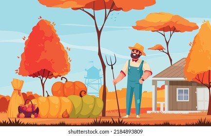 Autumn scene with happy farmer and his harvest cartoon vector illustration