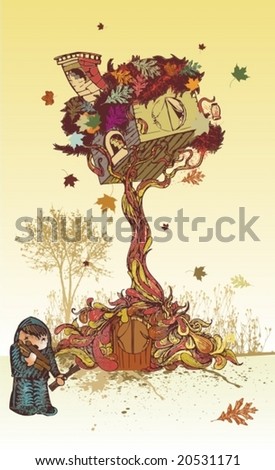 autumn scene with house on a tree & children,illustration
