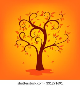 Autumn scene illustration. Brown tree with red leaves on orange and yellow background.