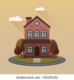 Autumn scene illustration. Vector image with house and trees in autumn.