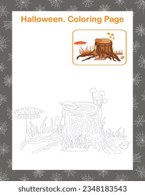 Autumn scene with old forest tree stump, mushrooms, toadstool, dry grass, leaves outline coloring page with sample image vector illustration, fall, Halloween holiday leisure activity, worksheet