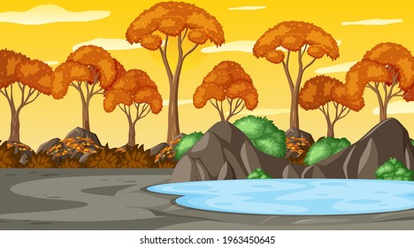 Herbstszene bei Sonnenuntergang mit vielen Herbstbäumen