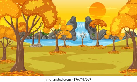 Autumn scene at sunset time with waterfall and many yellow trees illustration