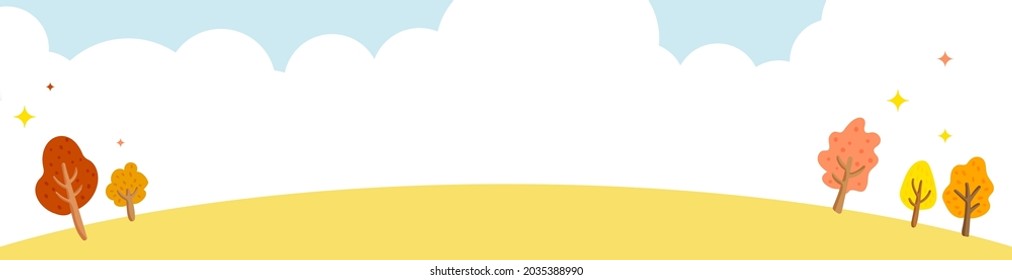 Autumn scenery banner design with blue sky and clouds, yellow hills and autumn trees.