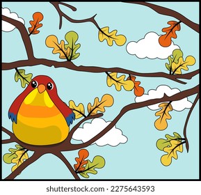 Autumn scenery with a bird siting on fall branch with oak leaves and clouds behind. Autumn theme background