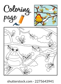 Autumn scenery with a bird siting on fall branch with oak leaves and clouds behind. Coloring page. Activity page or book
