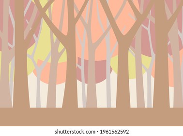 In autumn, the scenery of the forest with beautiful autumn leaves and groves. Vector illustration of pale colors.