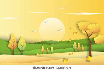 Autumn scenery landscape illustration in paper art digital craft, vector illustration