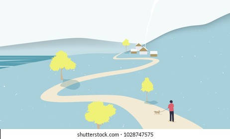 Autumn scenery landscape, man and dog walking on the road surrounded by mountains and trees