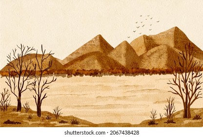 Autumn scenery mountains landscape background Watercolor Hand drawn illustration