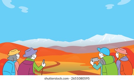 Autumn scenery of mountains with autumn leaves and four climbers (16:9)